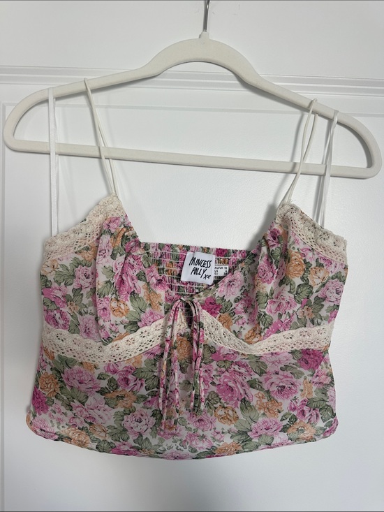 Princess Polly Tops - Princess Polly Pink & Green Floral Lace-Trim Cami